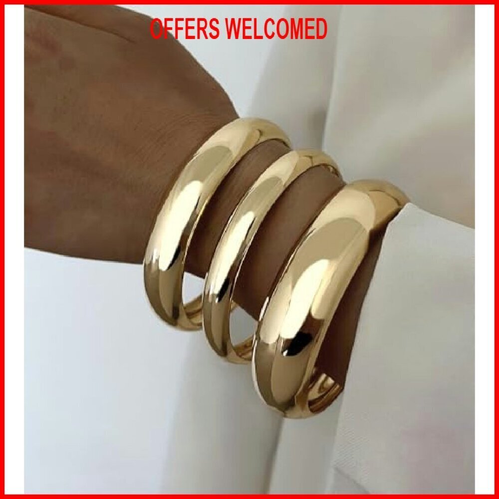 Chunky Gold Plated Bangle Bracelet Set Stackable Minimalist Fashion - Picture 8 of 8